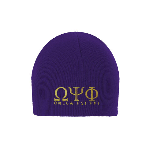 Purple Knit Beanie-Greek Letters Omega PSI Phi Stacked