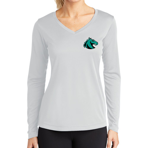  Womens White Performance Long Sleeve V Neck Shirt - Athletic Palomino