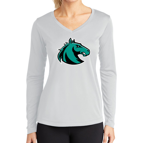  Womens White Performance Long Sleeve V Neck Shirt - Athletic Palomino