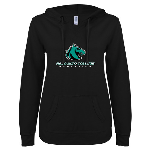  ENZA Womens Black V Notch Raw Edge Fleece Hoodie - Athletics