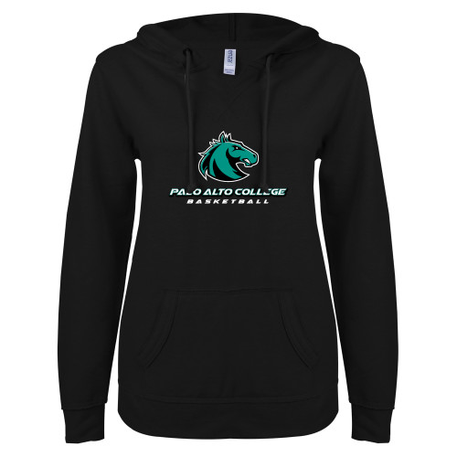  ENZA Womens Black V Notch Raw Edge Fleece Hoodie - Basketball