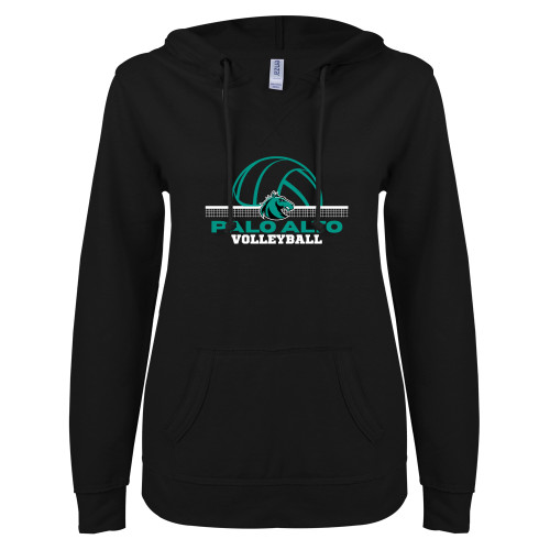  ENZA Womens Black V Notch Raw Edge Fleece Hoodie - Palo Alto College Volleyball