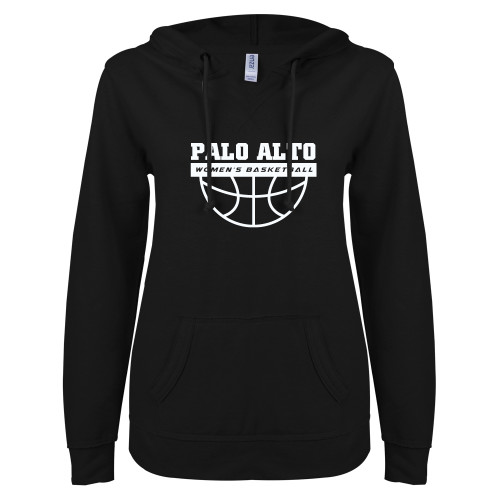  ENZA Womens Black V Notch Raw Edge Fleece Hoodie - Palo Alto Womens Basketball