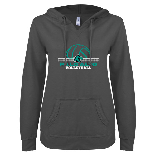  ENZA Womens Dark Heather V Notch Raw Edge Fleece Hoodie - Palo Alto College Volleyball