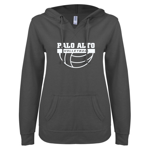  ENZA Womens Dark Heather V Notch Raw Edge Fleece Hoodie - Palo Alto Volleyball