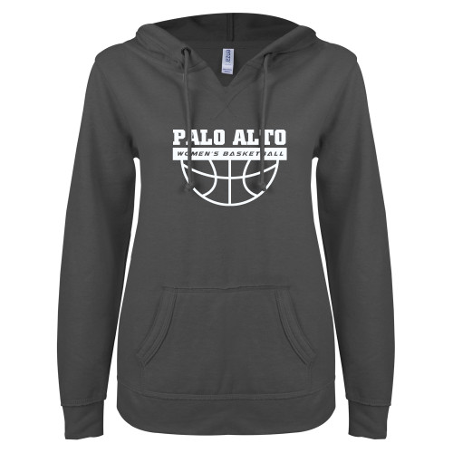  ENZA Womens Dark Heather V Notch Raw Edge Fleece Hoodie - Palo Alto Womens Basketball