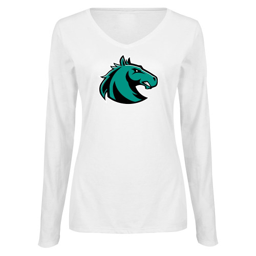  Womens White Long Sleeve V Neck Tee - Athletic Palomino