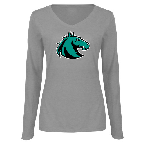  Womens Grey Long Sleeve V Neck Tee  - Athletic Palomino