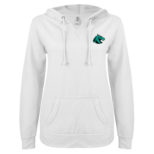  ENZA Womens White V Notch Raw Edge Fleece Hoodie - Athletic Palomino