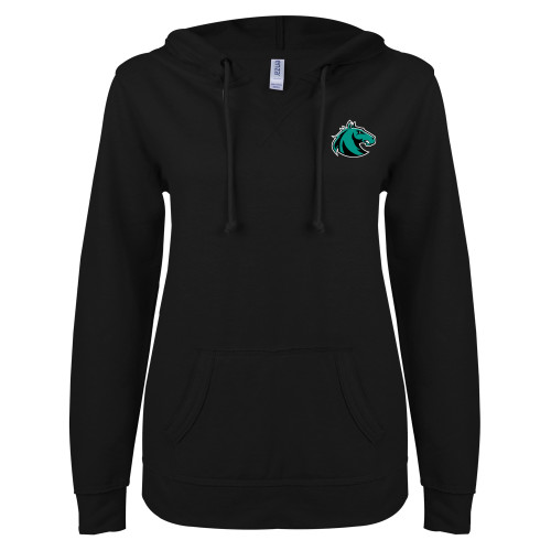  ENZA Womens Black V Notch Raw Edge Fleece Hoodie - Athletic Palomino