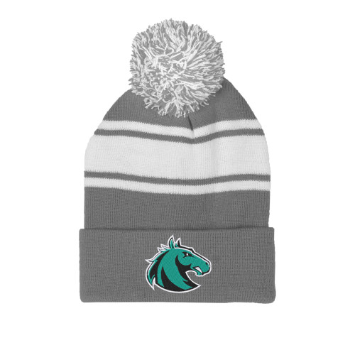  Grey/White Two Tone Knit Pom Beanie w/Cuff - Athletic Palomino
