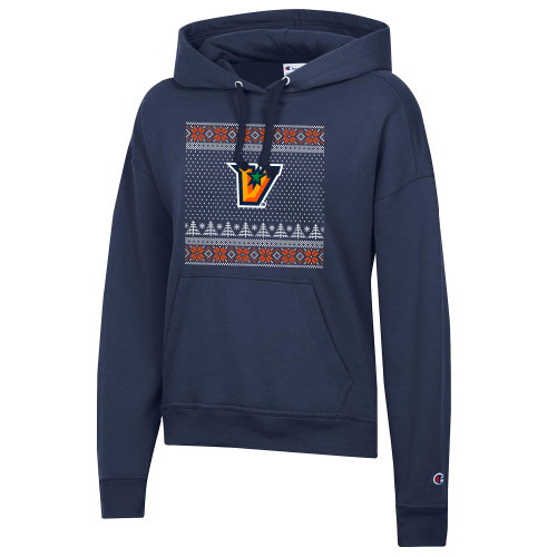  Champion Womens Navy Powerblend Pullover Hood - UTRGV - Ugly Christmas Sweater w Primary Mark