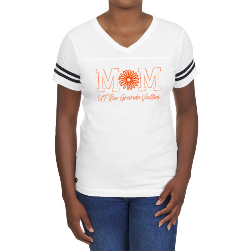  Fall Rush Ladies White 60/40 Football Tee - Mom Flower O UT Rio Grande Valley