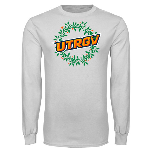  White Long Sleeve T Shirt - UTRGV - Christmas Wreath