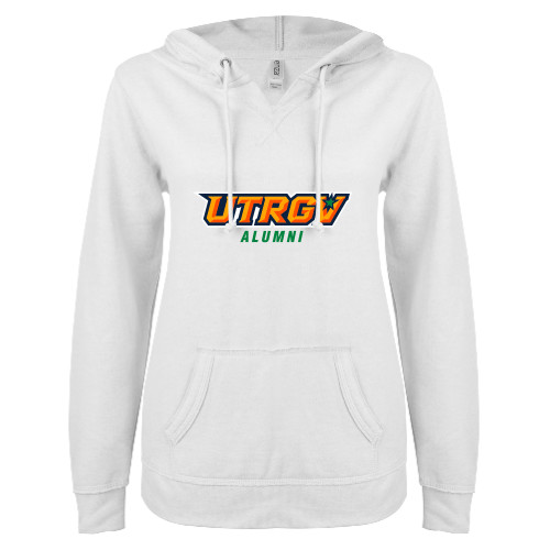  ENZA Womens White V Notch Raw Edge Fleece Hoodie - Alumni