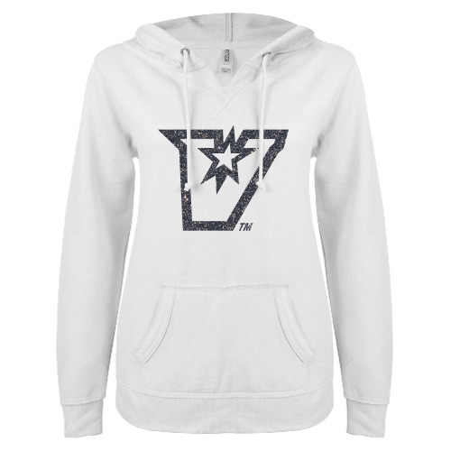  ENZA Womens White V Notch Raw Edge Fleece Hoodie - F Graphite Soft Glitter