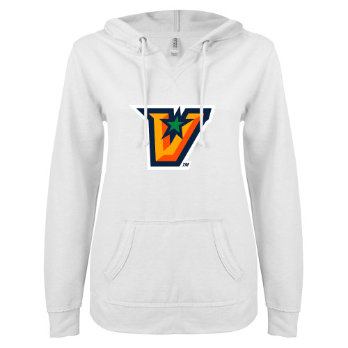  ENZA Womens White V Notch Raw Edge Fleece Hoodie - V Secondary Logo