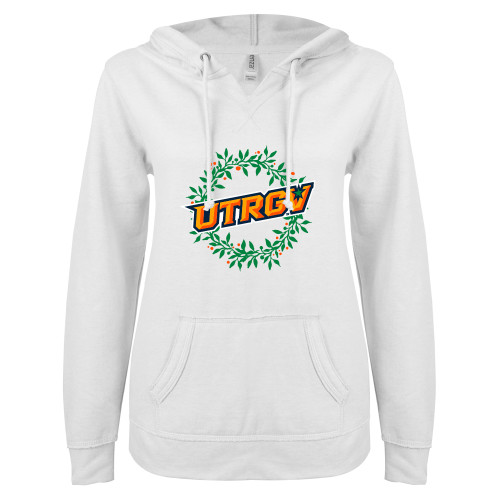  ENZA Womens White V Notch Raw Edge Fleece Hoodie - UTRGV - Christmas Wreath