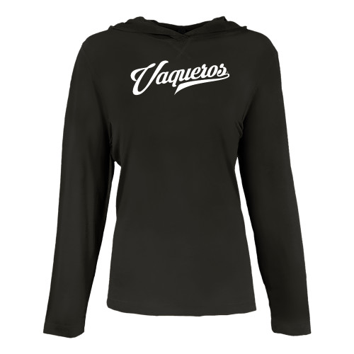  Womens Black Long Sleeve Hooded Tee - Vaqueros Script