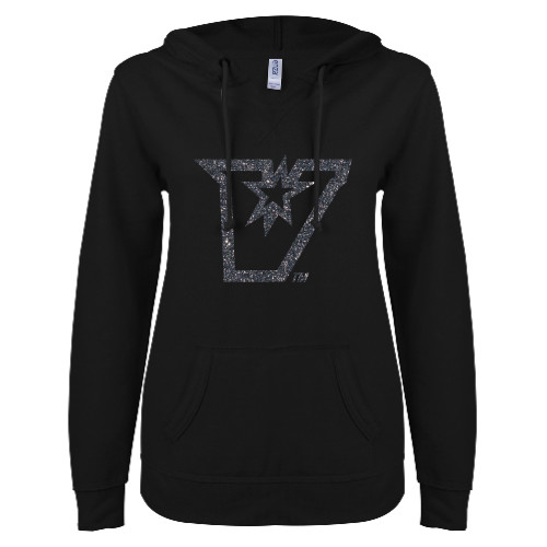  ENZA Womens Black V Notch Raw Edge Fleece Hoodie - F Graphite Soft Glitter