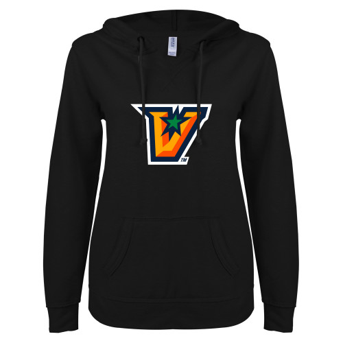  ENZA Womens Black V Notch Raw Edge Fleece Hoodie - V Secondary Logo