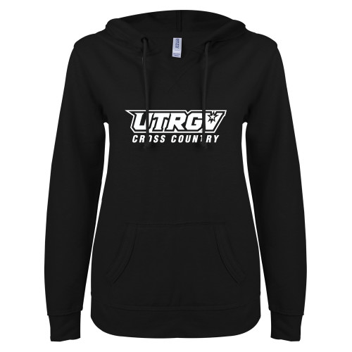  ENZA Womens Black V Notch Raw Edge Fleece Hoodie - Cross Country
