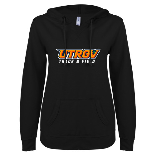  ENZA Womens Black V Notch Raw Edge Fleece Hoodie - Track and Field