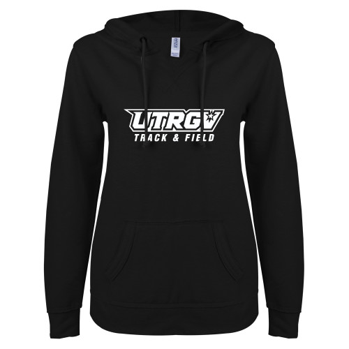  ENZA Womens Black V Notch Raw Edge Fleece Hoodie - Track and Field