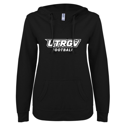  ENZA Womens Black V Notch Raw Edge Fleece Hoodie - Football