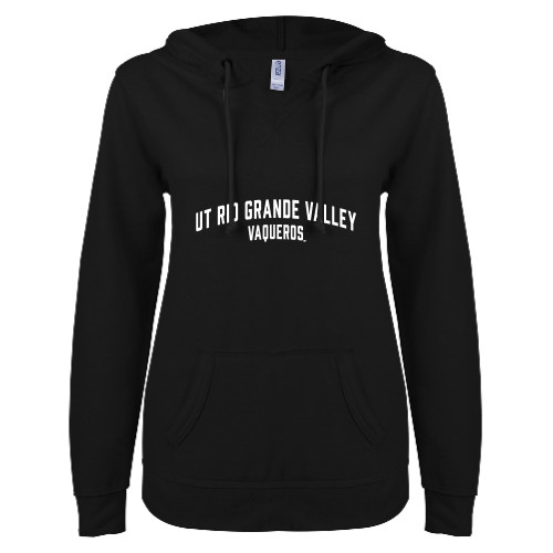  ENZA Womens Black V Notch Raw Edge Fleece Hoodie - Collegiate Design