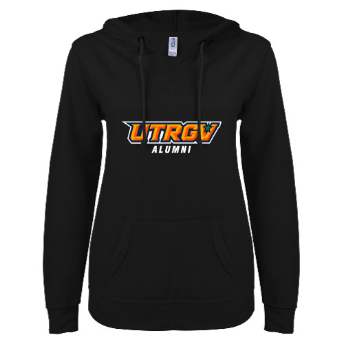  ENZA Womens Black V Notch Raw Edge Fleece Hoodie - Alumni
