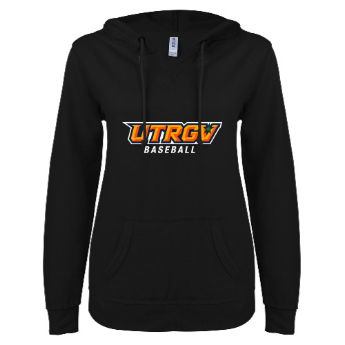  ENZA Womens Black V Notch Raw Edge Fleece Hoodie - Baseball