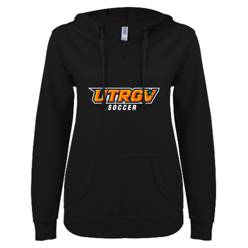  ENZA Womens Black V Notch Raw Edge Fleece Hoodie - Soccer