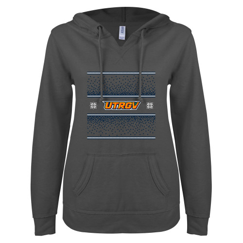  ENZA Womens Dark Heather V Notch Raw Edge Fleece Hoodie - UTRGV - Ugly Christmas Sweater w Wordmark