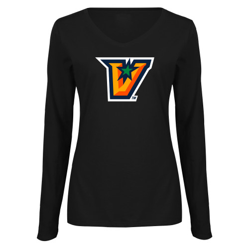  Womens Black Long Sleeve V Neck Tee  - V Secondary Logo