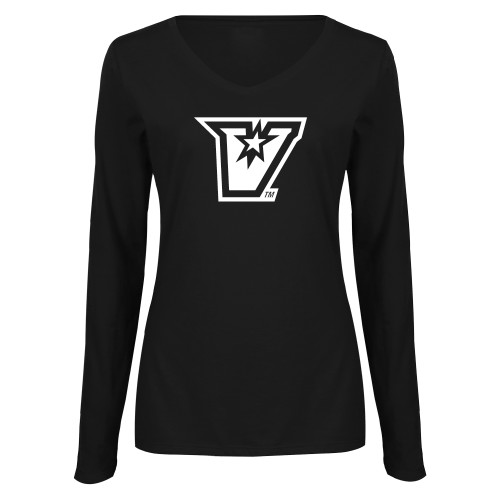  Womens Black Long Sleeve V Neck Tee  - V Secondary Logo