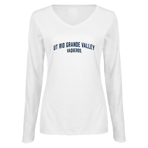  Womens White Long Sleeve V Neck Tee - Collegiate Design