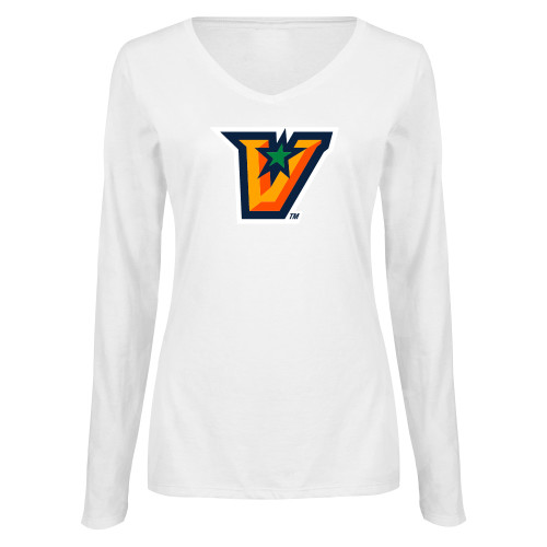  Womens White Long Sleeve V Neck Tee - V Secondary Logo