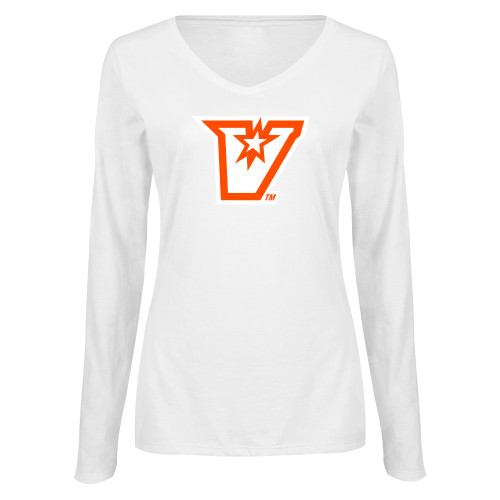  Womens White Long Sleeve V Neck Tee - V Secondary Logo