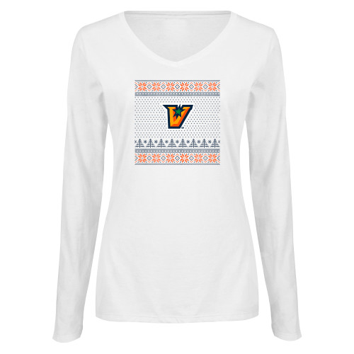  Womens White Long Sleeve V Neck Tee  - UTRGV - Ugly Christmas Sweater w Primary Mark