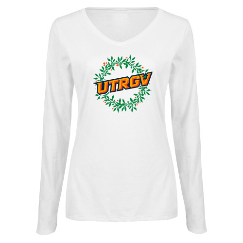  Womens White Long Sleeve V Neck Tee  - UTRGV - Christmas Wreath