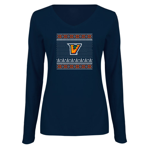  Womens Navy Long Sleeve V Neck Tee  - UTRGV - Ugly Christmas Sweater w Primary Mark