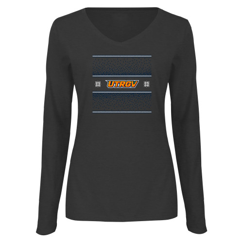  Womens Dark Heather Long Sleeve V Neck Tee  - UTRGV - Ugly Christmas Sweater w Wordmark