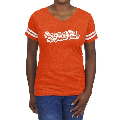  Fall Rush Ladies Orange 60/40 Football Tee - The University of Texas Rio Grande Valley Script Shadow