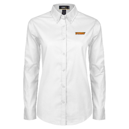  Womens White Twill Button Down Long Sleeve - UTRGV Primary Logo