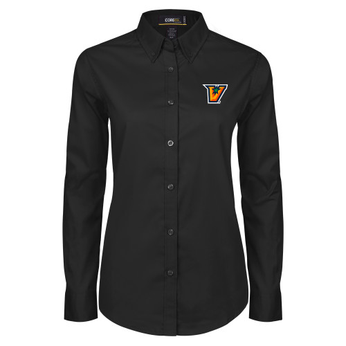  Womens Black Twill Button Down Long Sleeve  - V Secondary Logo