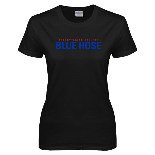  Womens Black Short Sleeve Tee - Presbyterian College Blue Hose Stacked