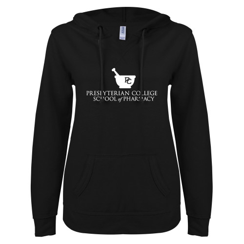  ENZA Womens Black V Notch Raw Edge Fleece Hoodie - Presbyterian College - School of Pharmacy Wordmark