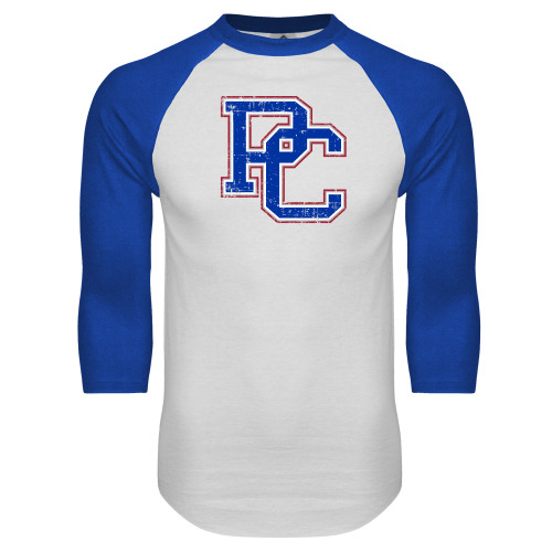  White/Royal Raglan Baseball T Shirt - PC Distressed