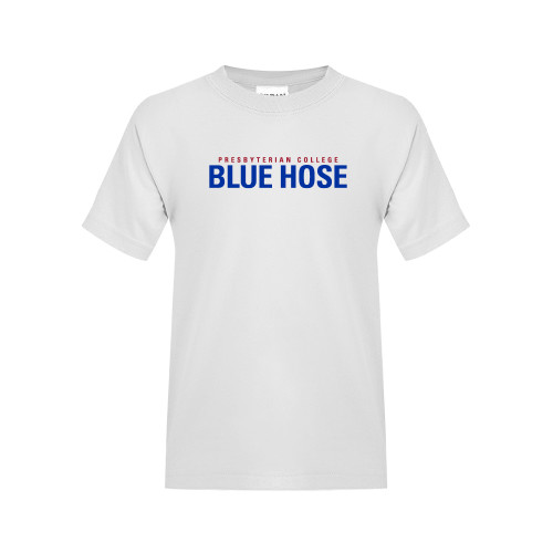  Youth White T Shirt - Presbyterian College Blue Hose Stacked